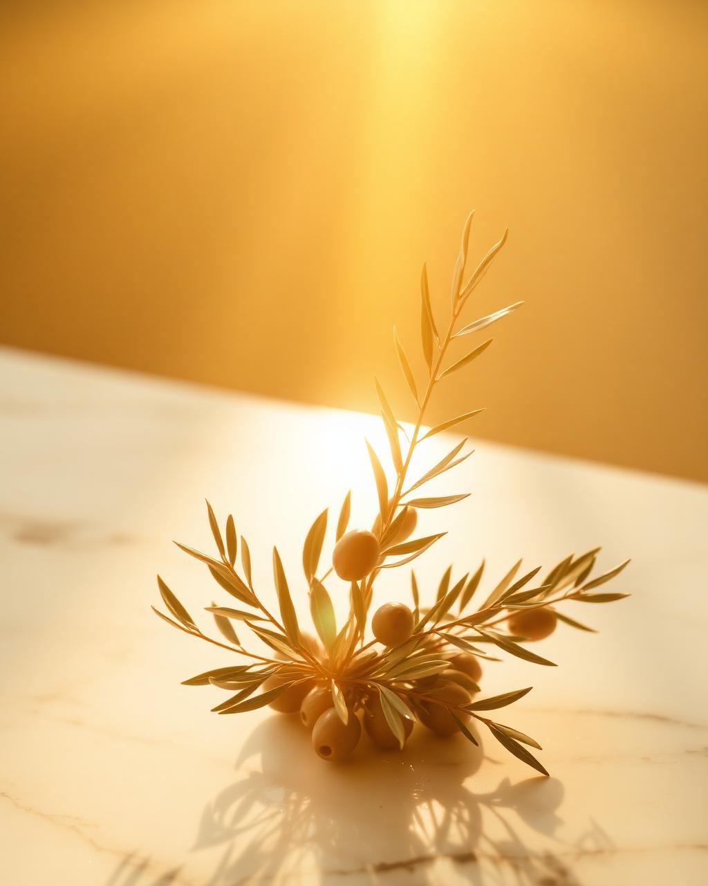 Sunlit olive branches on cream marble — the spirit of Elios